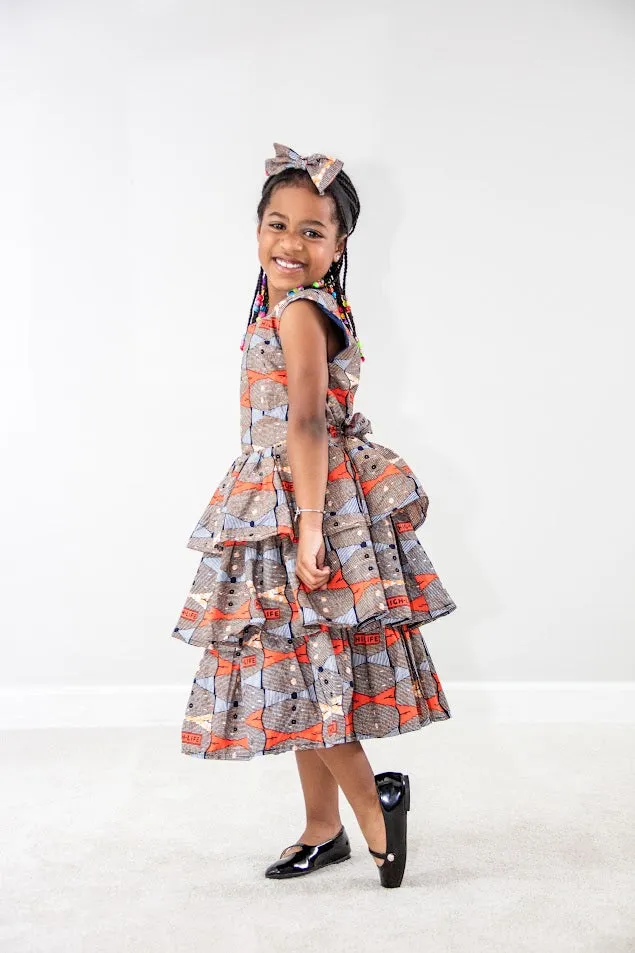 Emma Girl dress- 3 layers Orange bow tie print