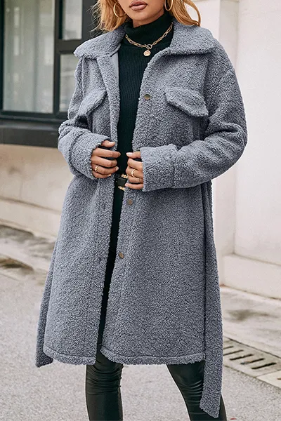 Fashion Elegant Solid Buckle With Belt Turndown Collar Outerwear
