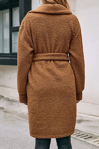 Fashion Elegant Solid Buckle With Belt Turndown Collar Outerwear