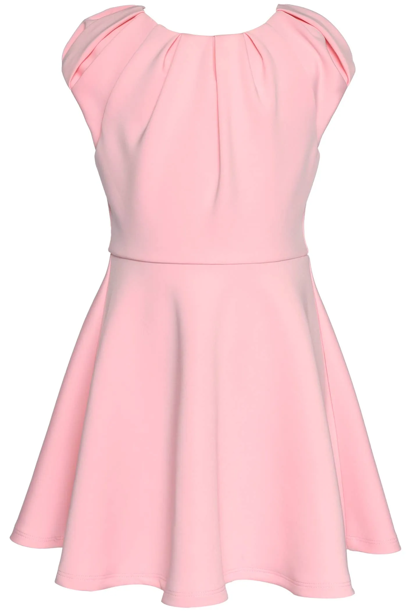 FIT AND FLARE SCUBA DRESS WITH PLEATED NECKLINE