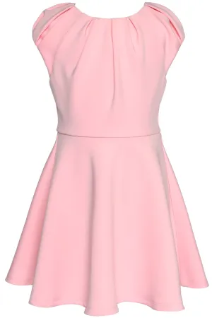 FIT AND FLARE SCUBA DRESS WITH PLEATED NECKLINE