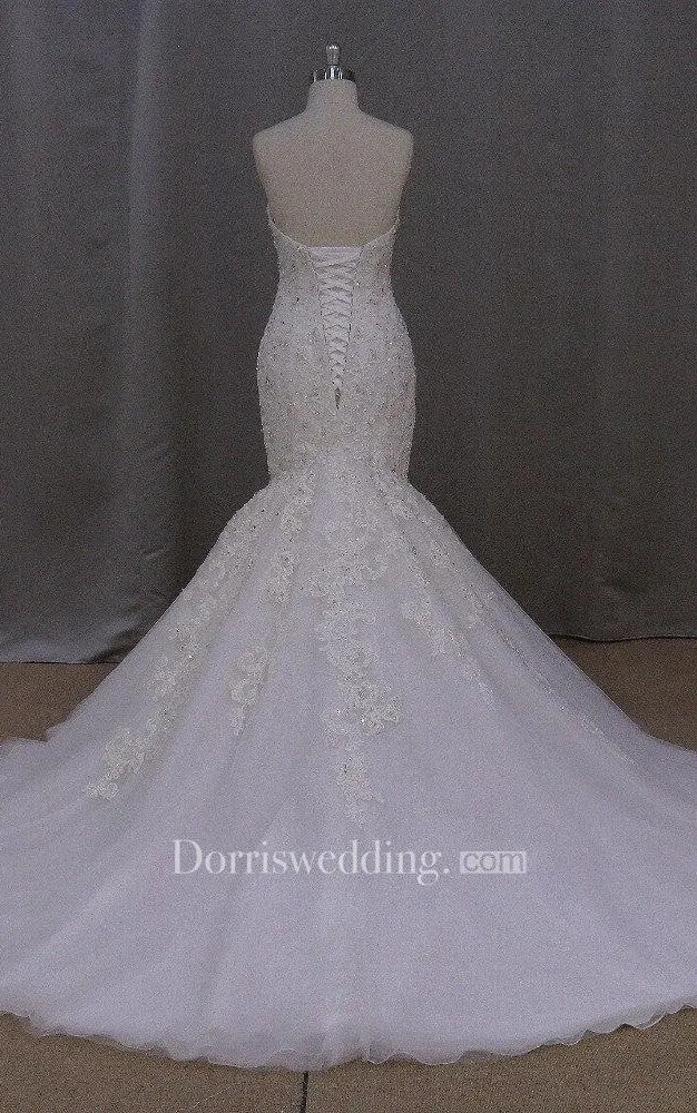 Fit and Flare Sweetheart Lace and Tulle Dress With Lace-Up Back