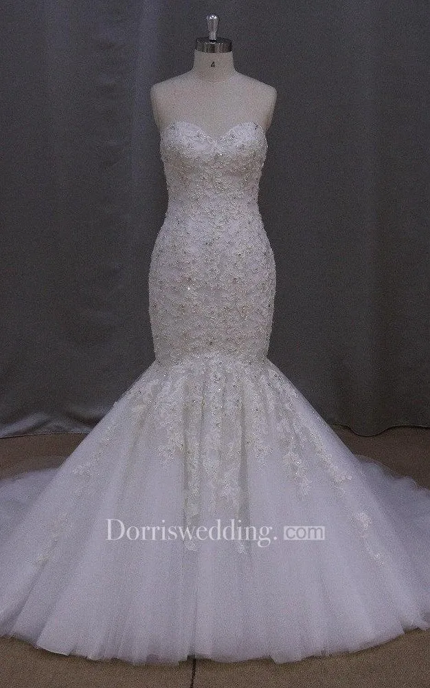 Fit and Flare Sweetheart Lace and Tulle Dress With Lace-Up Back