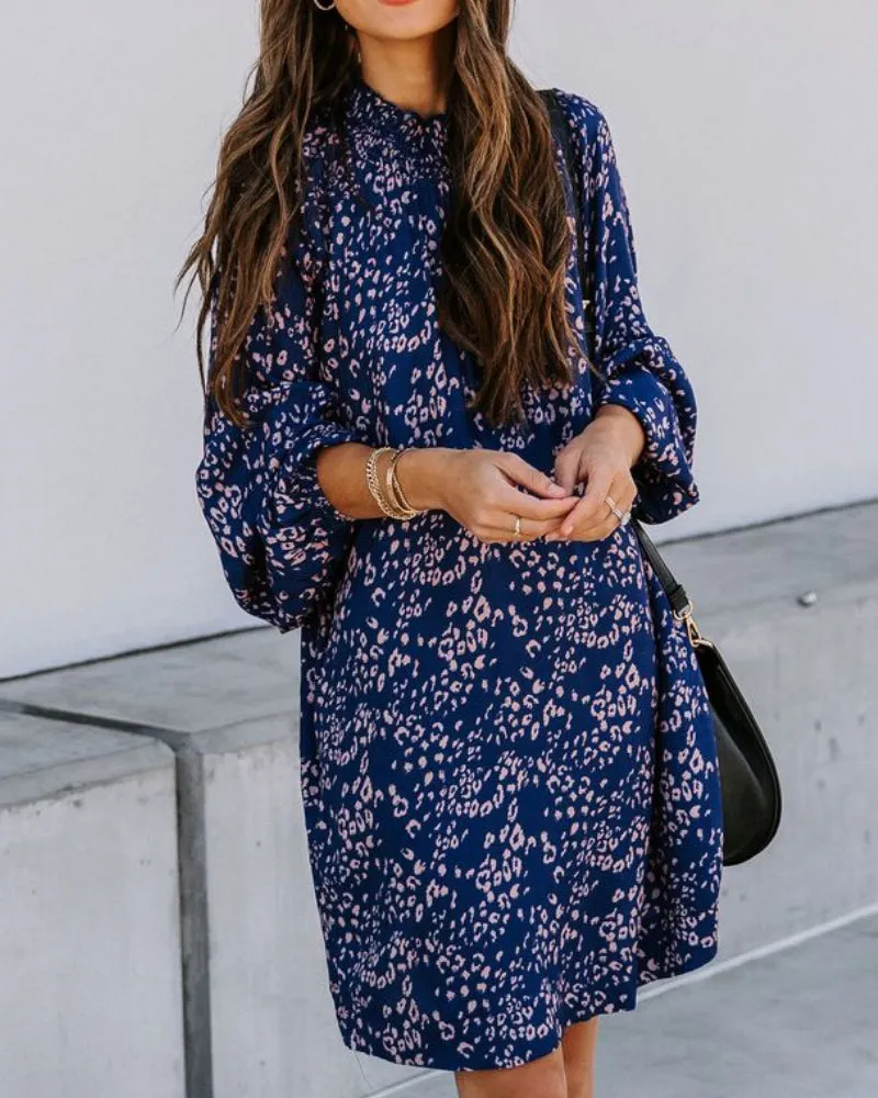 Floral High-collared Bubble Sleeve Lace-up Mini Dresses