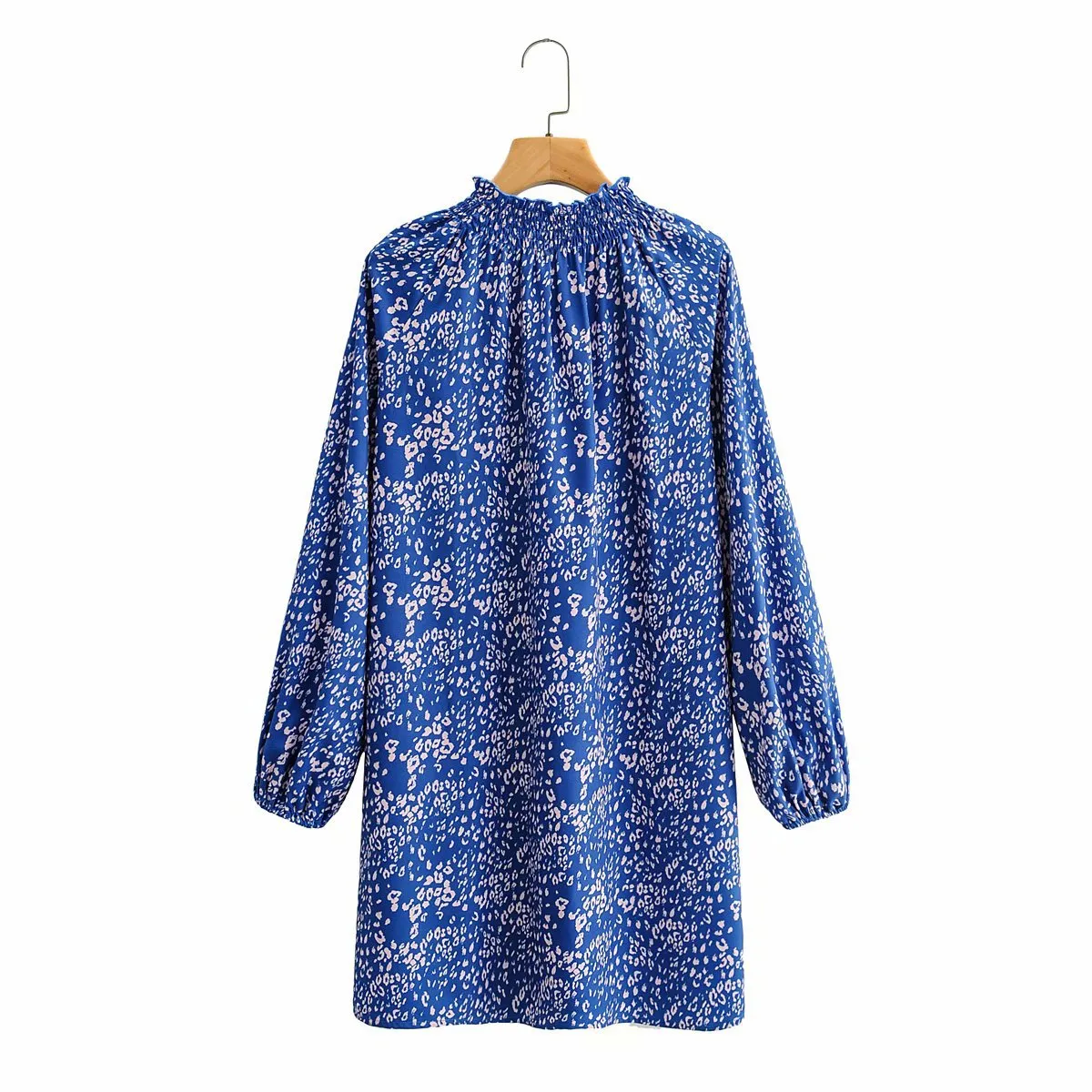 Floral High-collared Bubble Sleeve Lace-up Mini Dresses