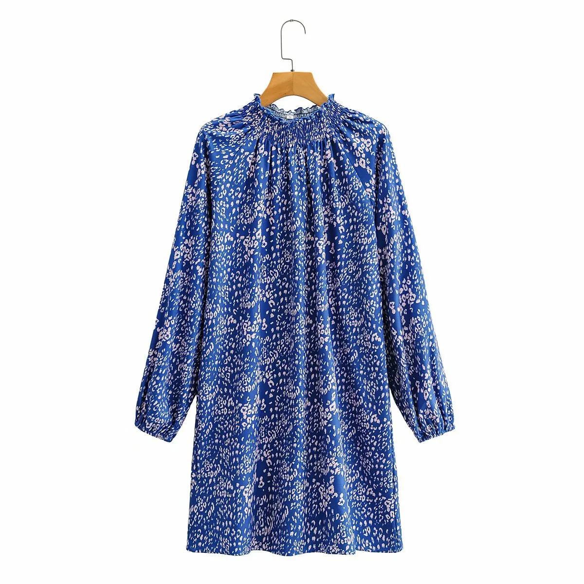 Floral High-collared Bubble Sleeve Lace-up Mini Dresses