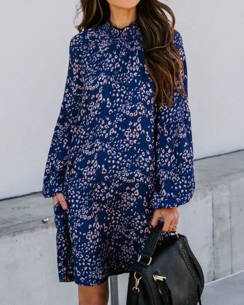 Floral High-collared Bubble Sleeve Lace-up Mini Dresses