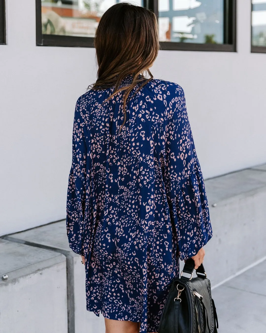Floral High-collared Bubble Sleeve Lace-up Mini Dresses