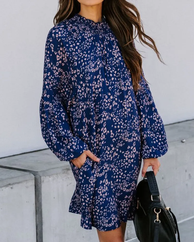 Floral High-collared Bubble Sleeve Lace-up Mini Dresses