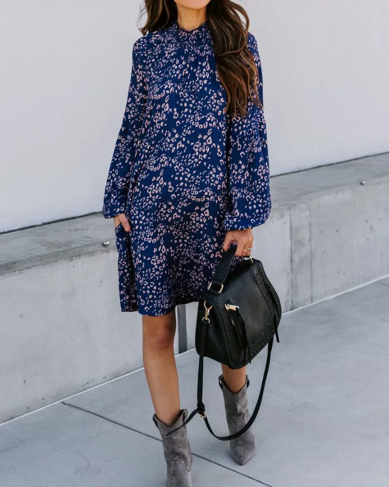 Floral High-collared Bubble Sleeve Lace-up Mini Dresses