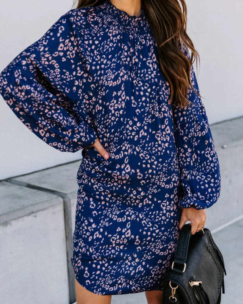 Floral High-collared Bubble Sleeve Lace-up Mini Dresses