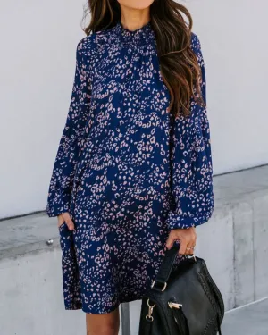 Floral High-collared Bubble Sleeve Lace-up Mini Dresses