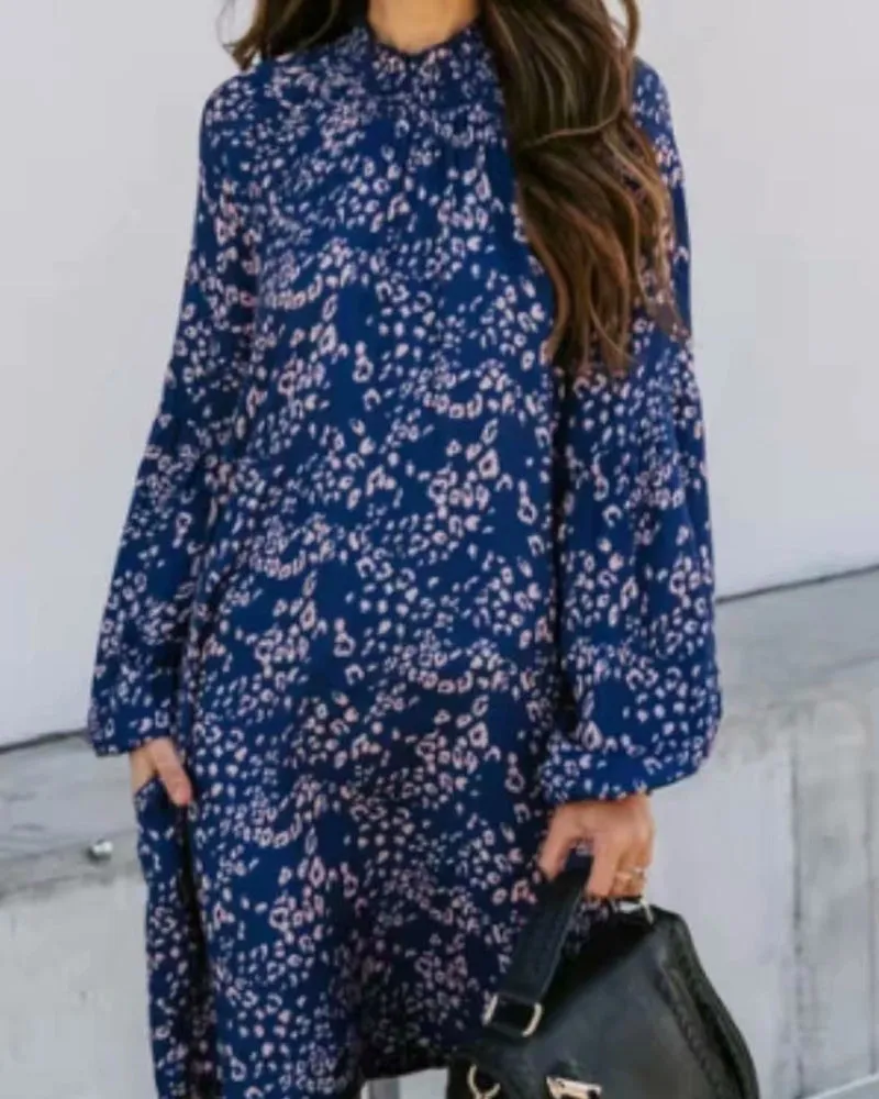 Floral High-collared Bubble Sleeve Lace-up Mini Dresses
