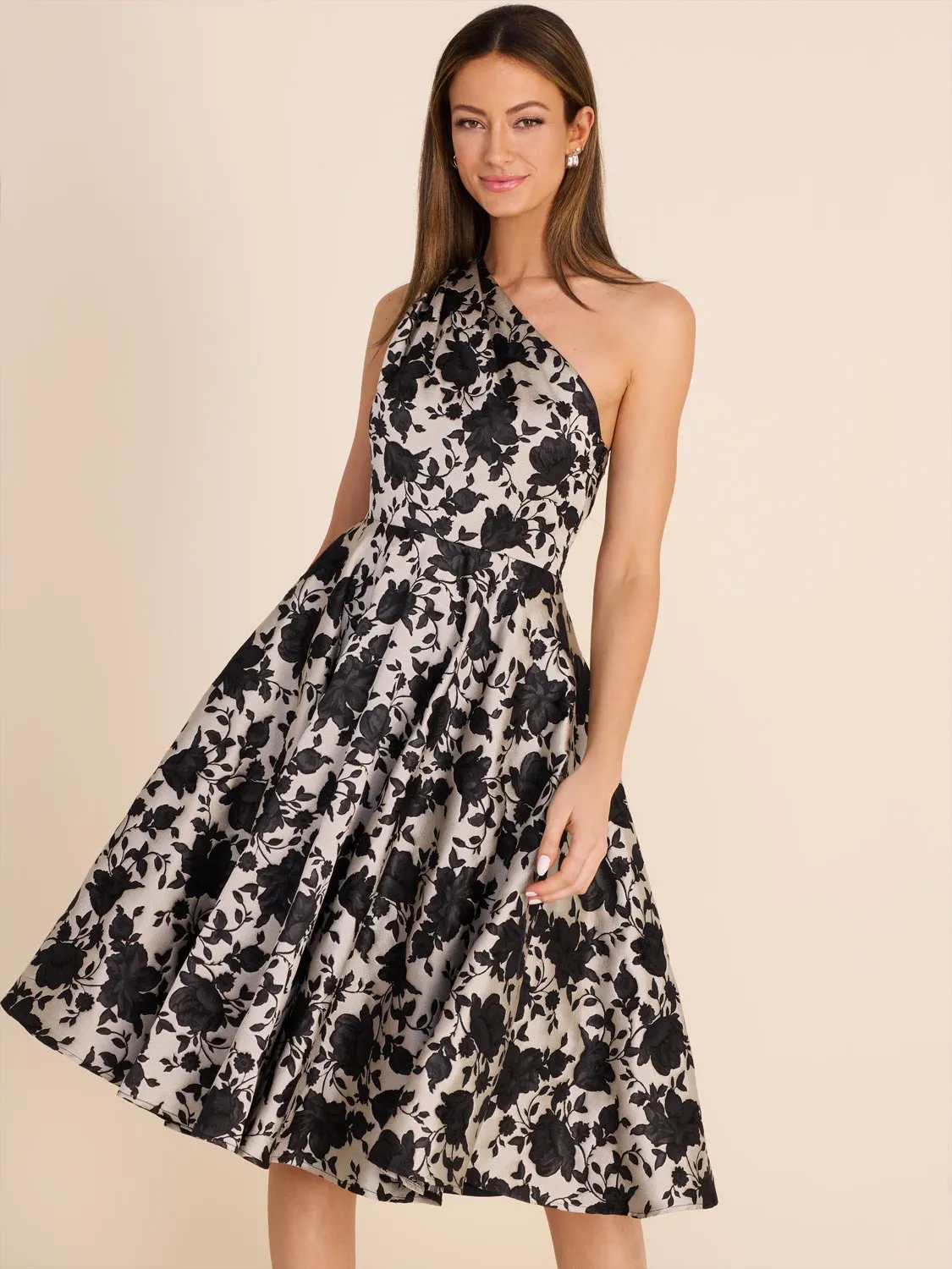 Floral Jacquard One-Shoulder Dress