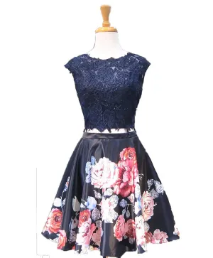 Floral Navy Short Homecoming Dresses