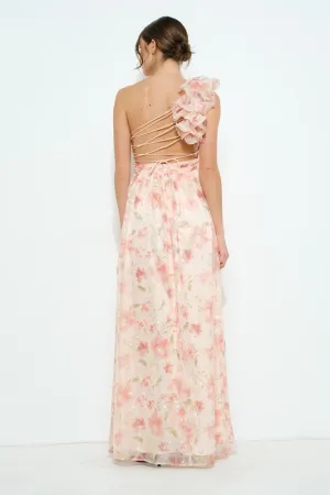 Floral One-Shoulder Dots Chiffon Maxi Dress