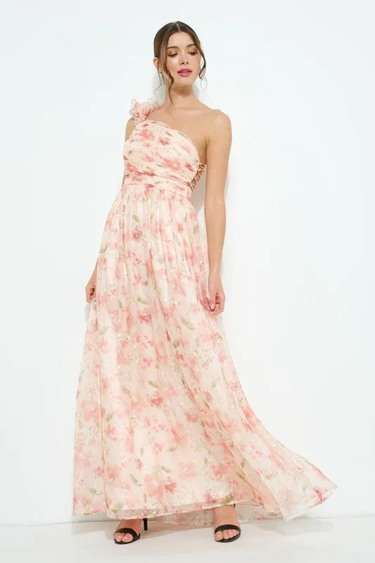 Floral One-Shoulder Dots Chiffon Maxi Dress