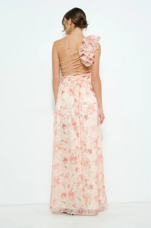 Floral One-Shoulder Dots Chiffon Maxi Dress