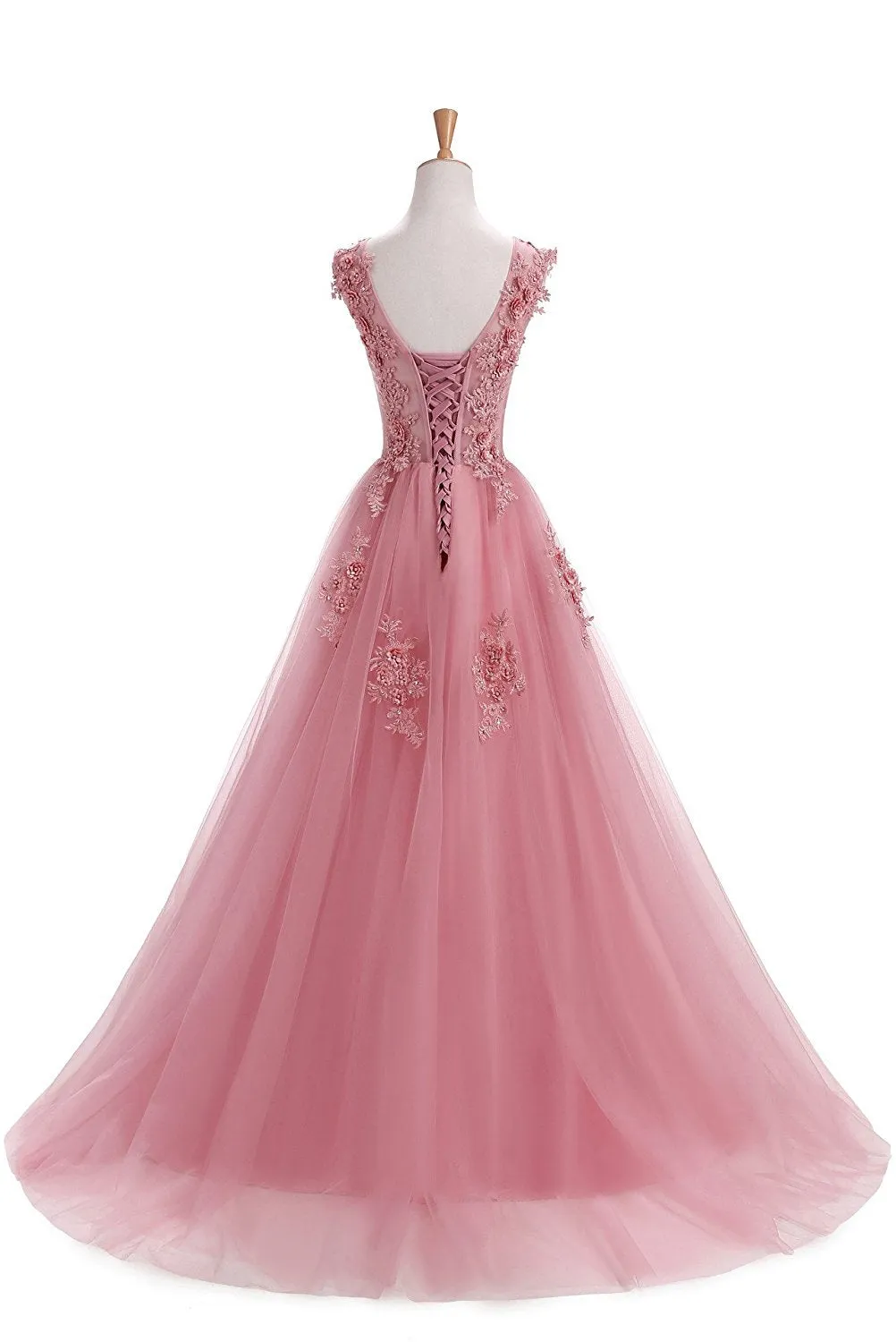 Floral Pink Tulle Long Prom Dress