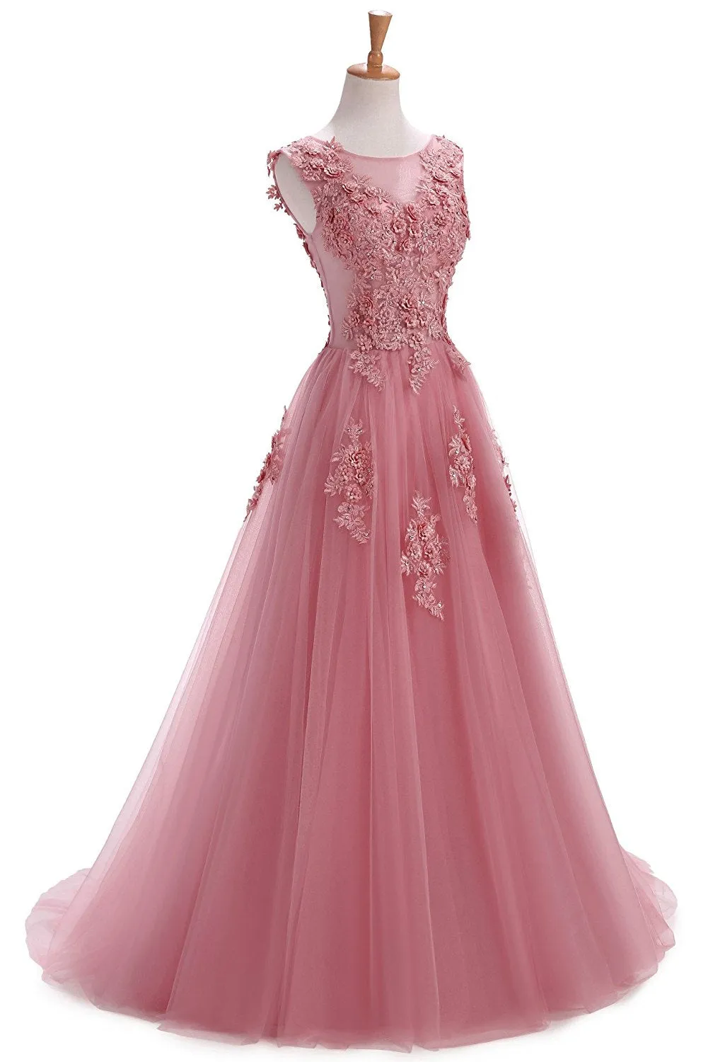 Floral Pink Tulle Long Prom Dress