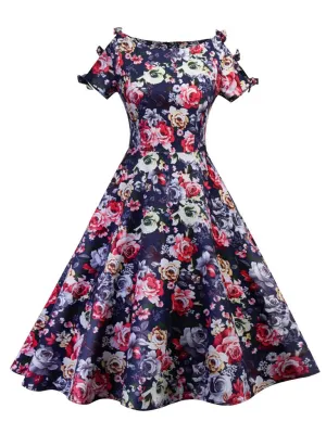 Floral Print Cut Out Bows Short Sleeve A Line Vintage Dress
