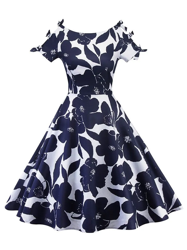 Floral Print Cut Out Bows Short Sleeve A Line Vintage Dress