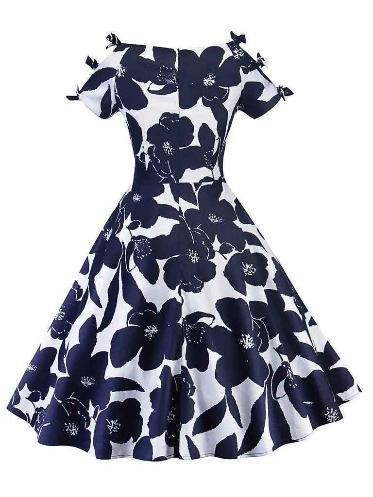 Floral Print Cut Out Bows Short Sleeve A Line Vintage Dress