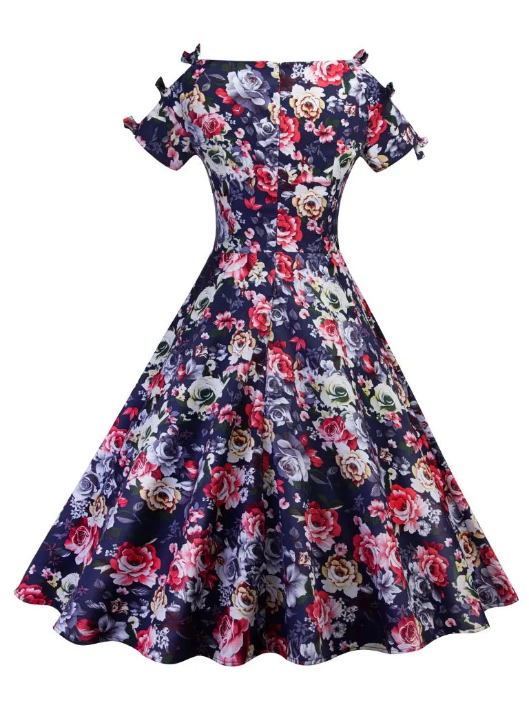 Floral Print Cut Out Bows Short Sleeve A Line Vintage Dress