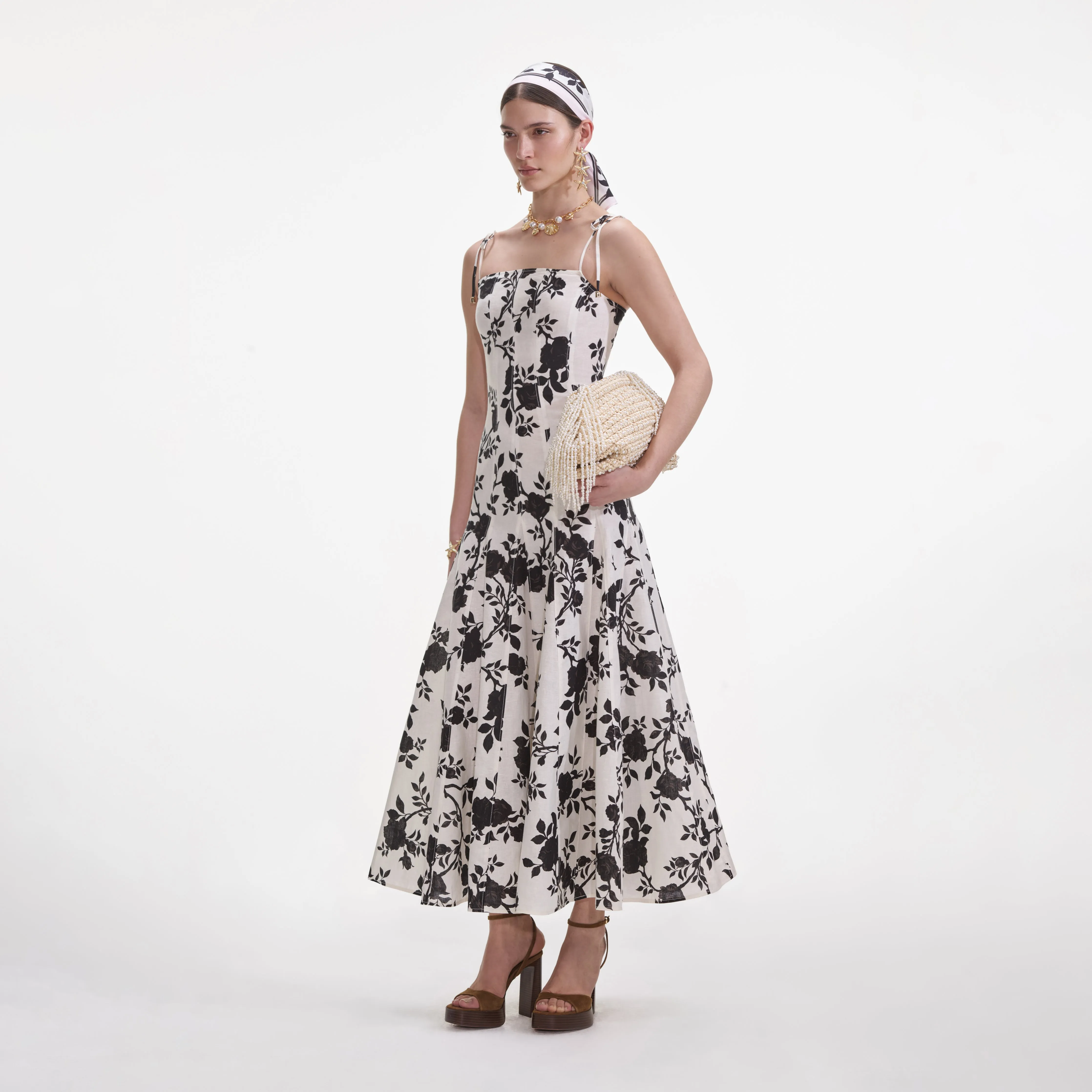 Floral Print Linen Midi Dress