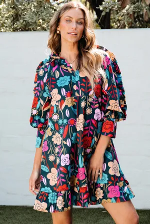 Floral Print Puff Sleeve Ruffled Mini Dresses