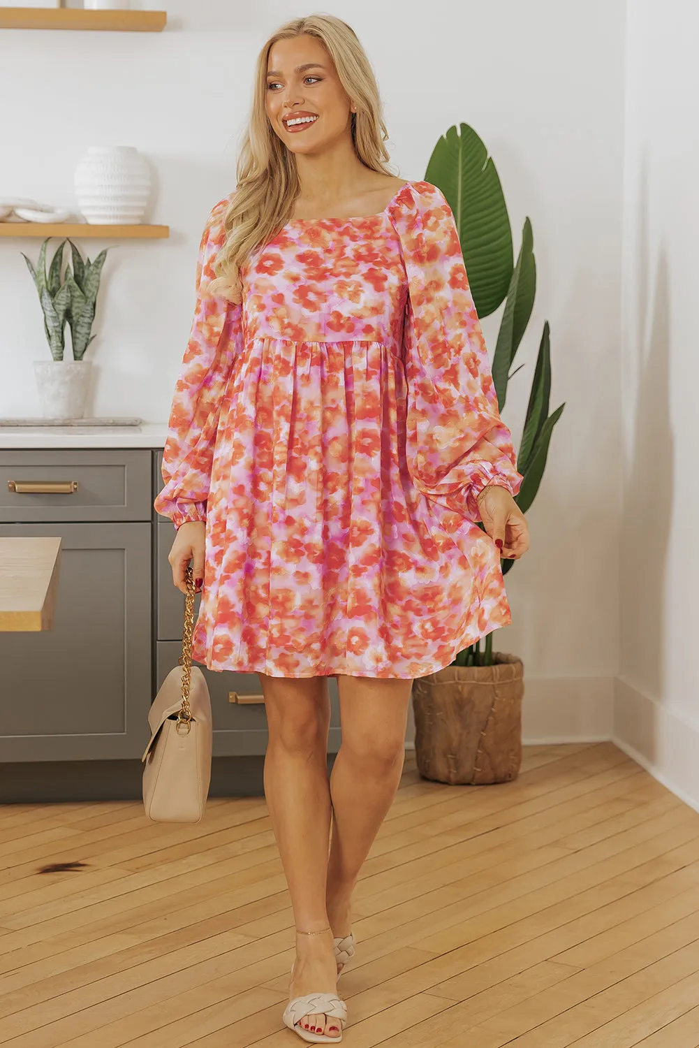 Floral Print Square Neck Mini Dress