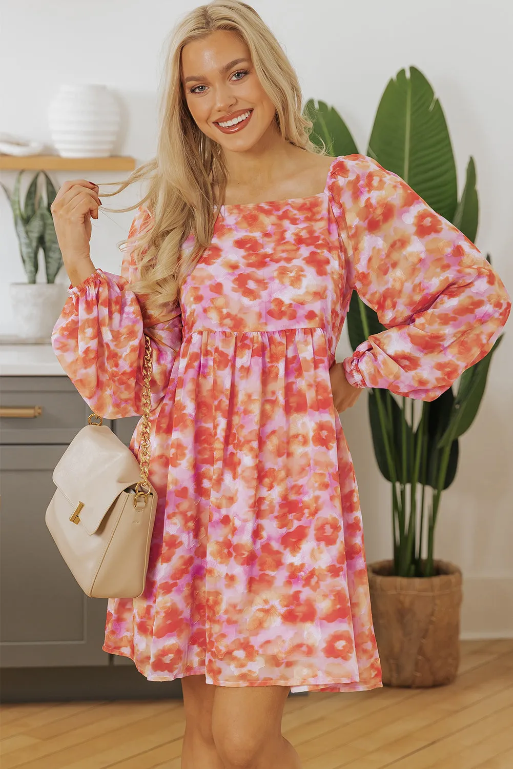 Floral Print Square Neck Mini Dress