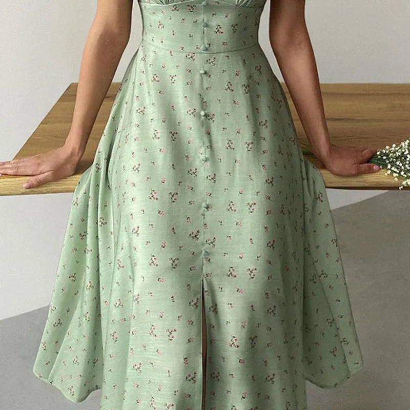 Floral Puff Sleeve Flare Dress with V-Neck and Short Sleeves - High Waist - Polyester Material