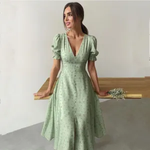 Floral Puff Sleeve Flare Dress with V-Neck and Short Sleeves - High Waist - Polyester Material