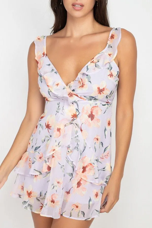 Floral Ruffle Trim Fit & Flare Mini Dress