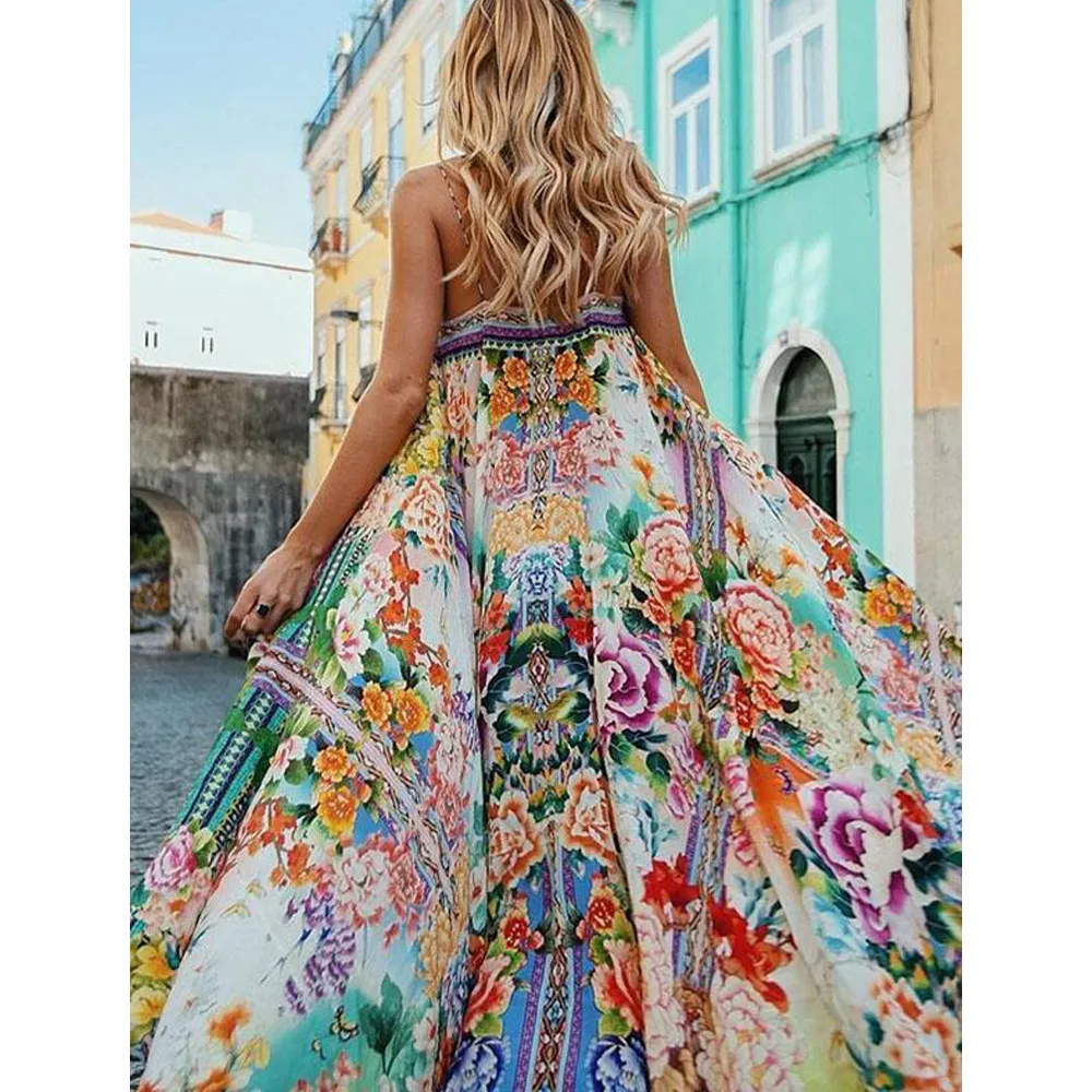 Floral Warm Spaghetti-Neck Maxi Dress