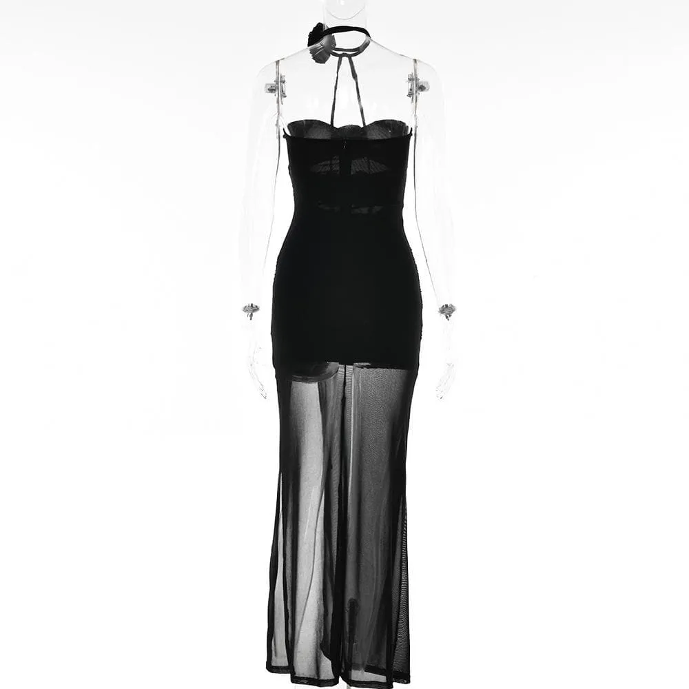 Flower applique sheer mesh hollow out solid backless zip-up slit tube midi dress