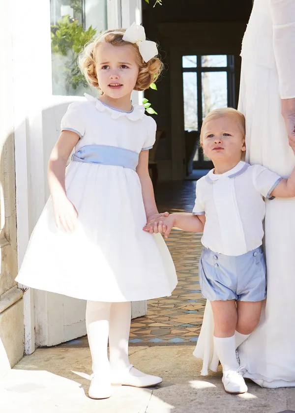 Flower Girl Ivory Dress with Blue Silk Sash (12mths-10yrs)