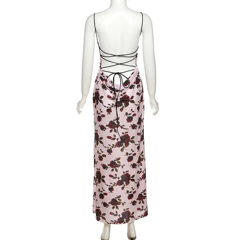 Flower print low cut spaghetti strap contrast lace up backless midi dress