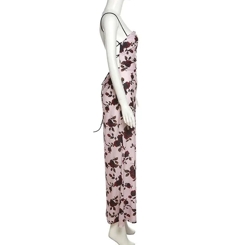 Flower print low cut spaghetti strap contrast lace up backless midi dress