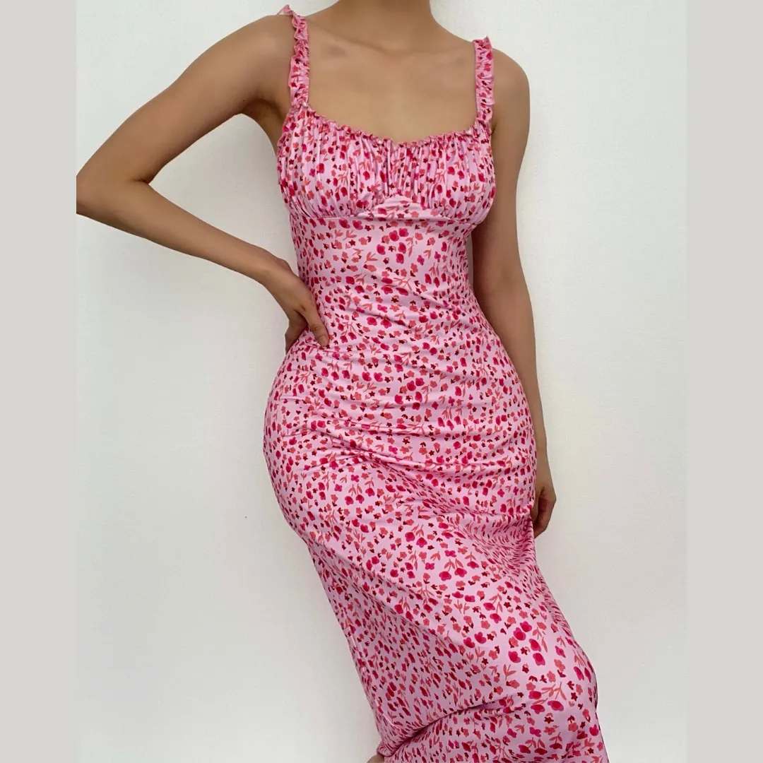 Flowers contrast print ruffle ruched square neck backless cami midi dress