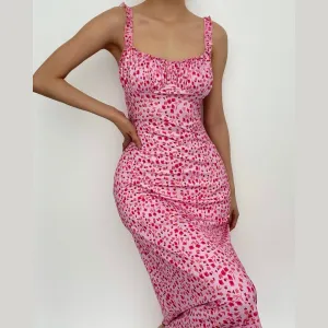 Flowers contrast print ruffle ruched square neck backless cami midi dress