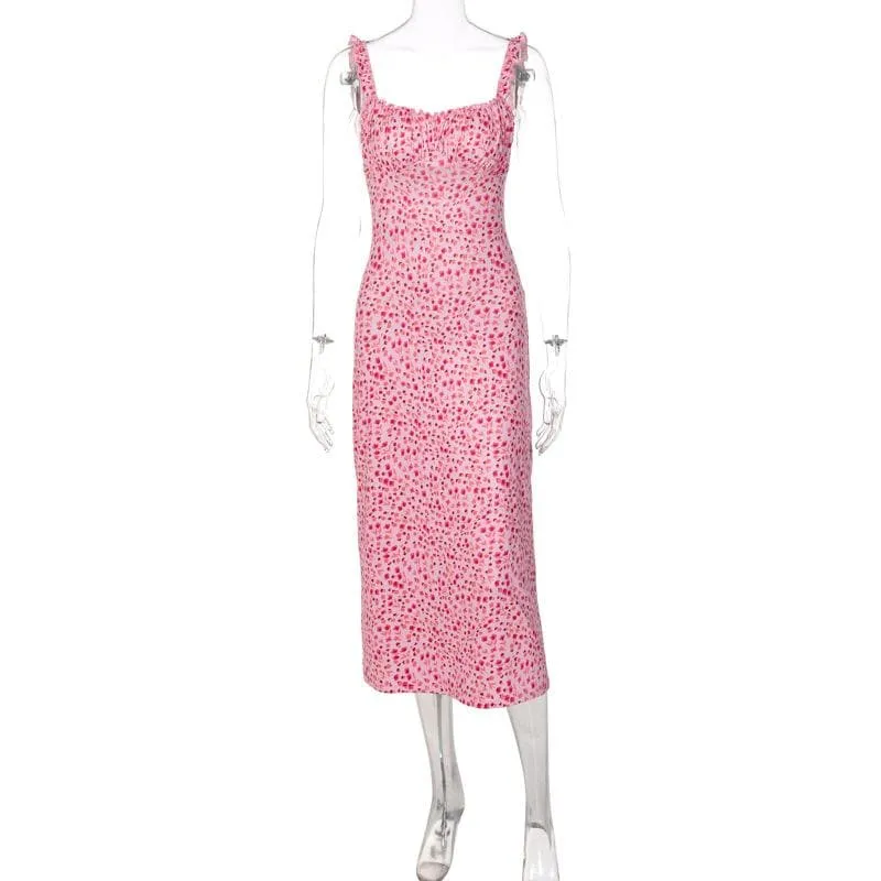 Flowers contrast print ruffle ruched square neck backless cami midi dress