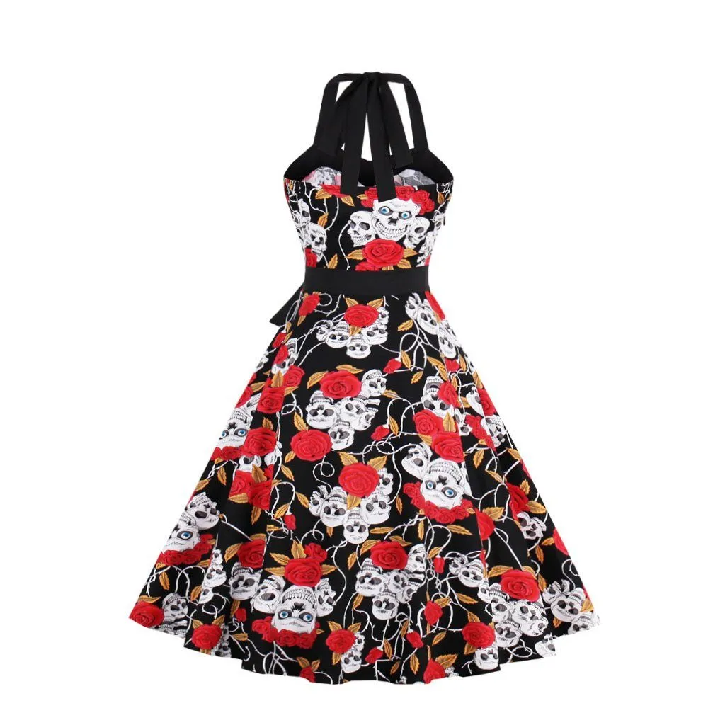Flroal Skull Vintage Dresses Audrey Hepburn Retro Style