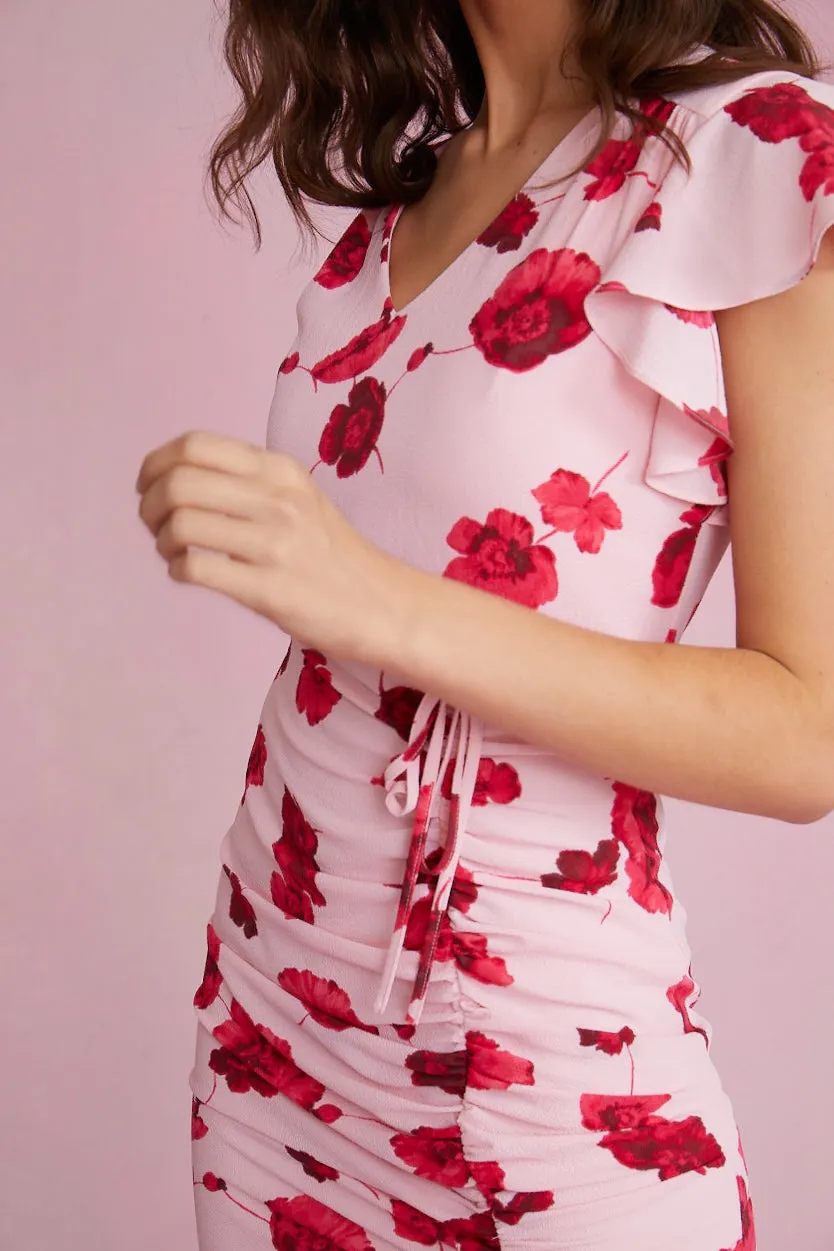 Flutter Sleeve Shirred Skirt Pink Floral