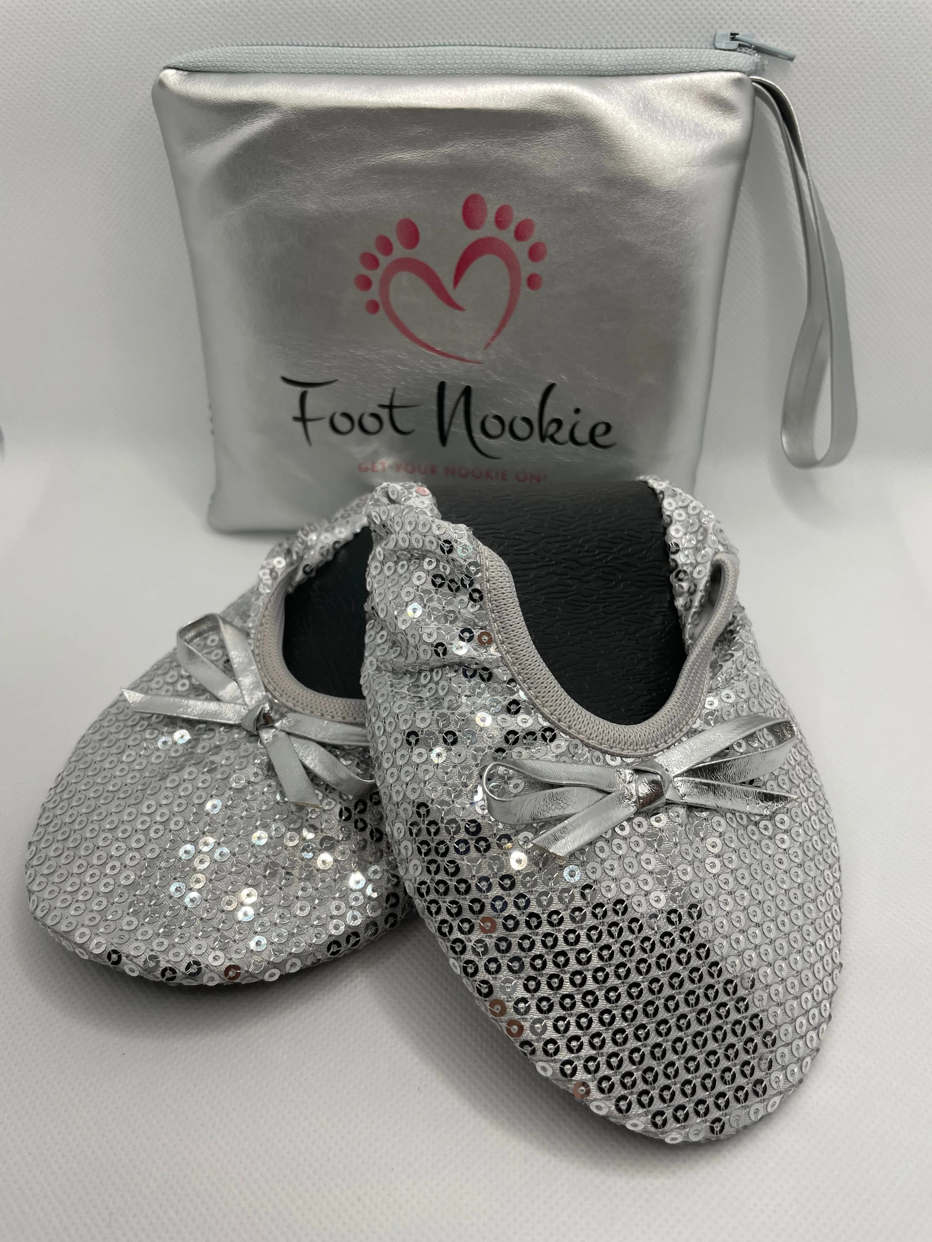 Foldable Ballet Slippers and Matching Bag - Silver Sequined