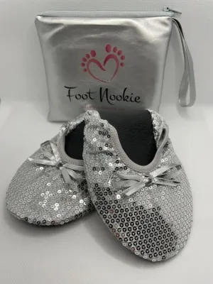Foldable Ballet Slippers and Matching Bag - Silver Sequined