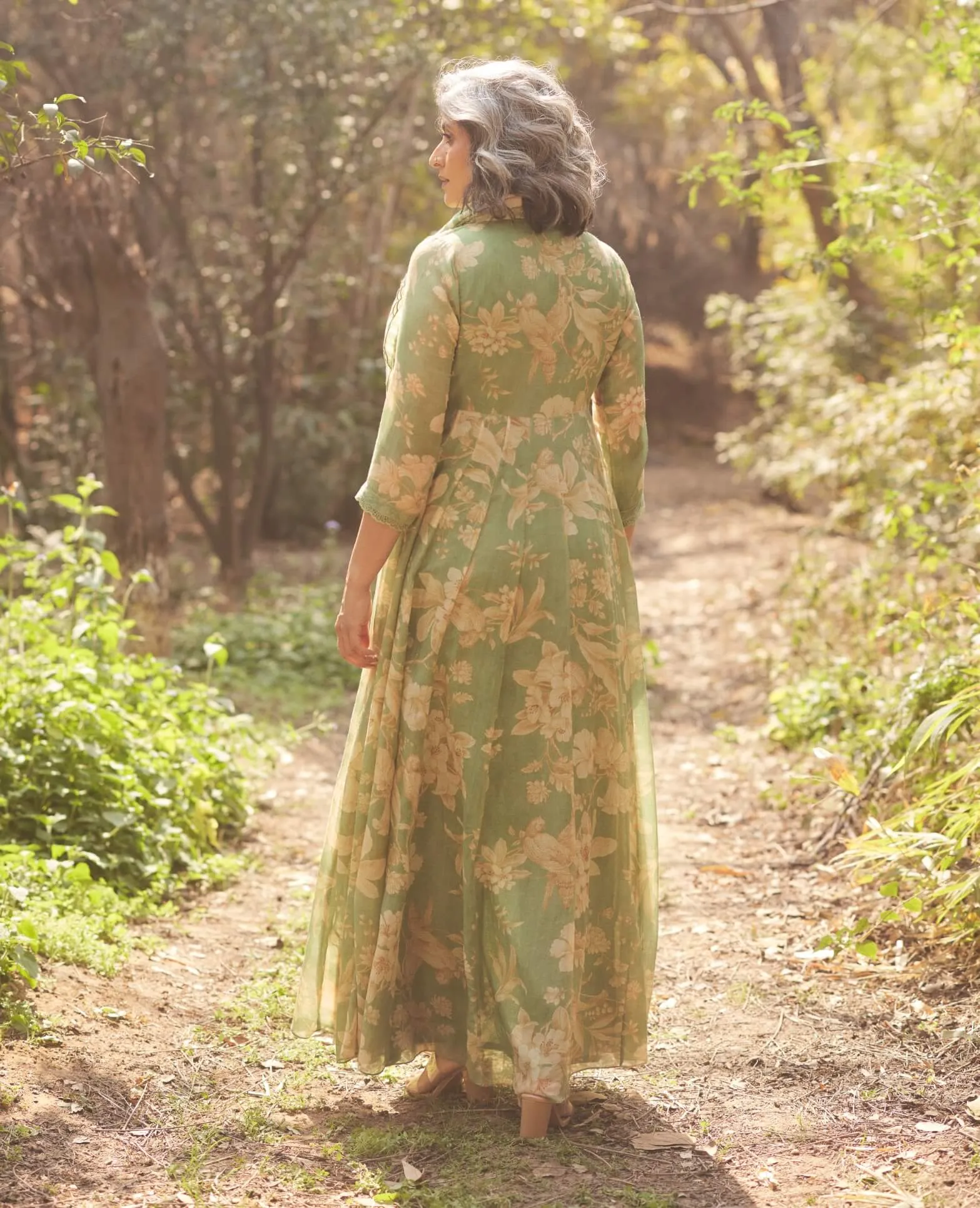 Forest green bird-printed wrap dress