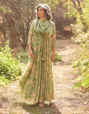 Forest green bird-printed wrap dress