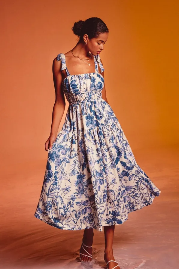 Francesca Floral Fit & Flare Midi Dress - Porcelain Blue